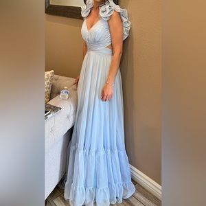 MAC DUGGAL RUFFLE TIERED CUT-OUT CHIFFON GOWN IN POWDER BLUE